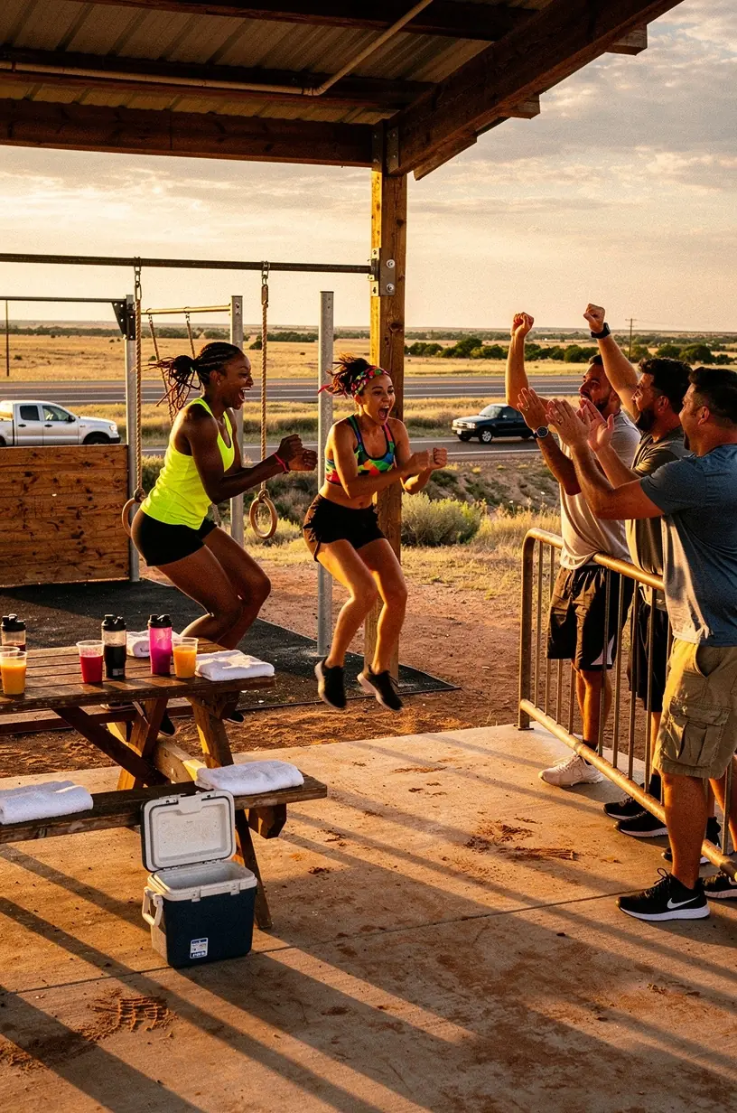 Группа путешественников выполняет простые упражнения на оборудованной площадке рядом с автострадой.