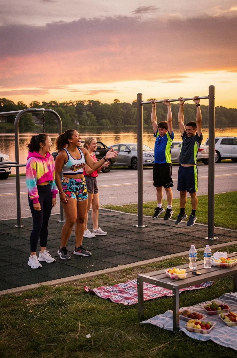 Автомобильная остановка в США с оборудованной зоной для упражнений на открытом воздухе.