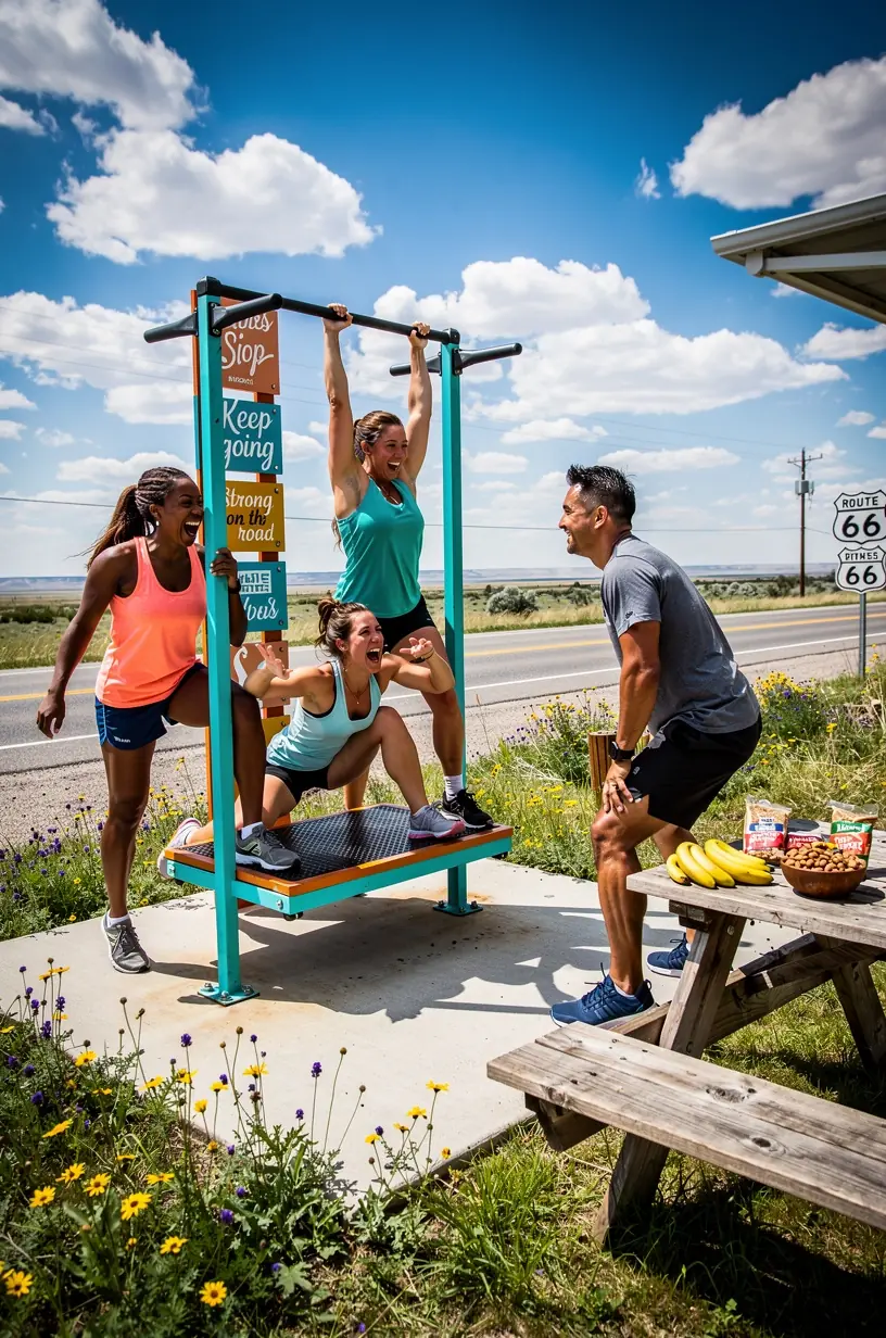 Водитель выполняет растяжку у быстрой станции фитнеса на обочине дороги.