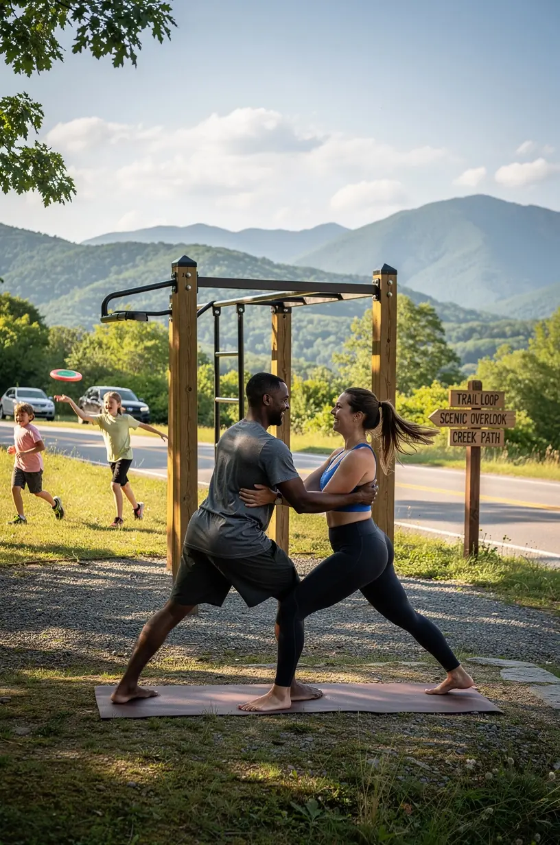 Современное спортивное оборудование для быстрого восстановления и зарядки энергией в дорожной зоне отдыха.